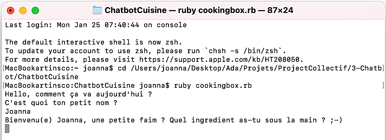 Capture du terminal montrant la conversation ChatBot-Utilisatrice
